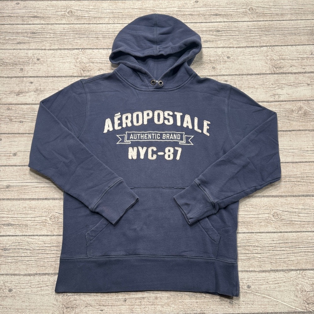 Aeropostale Hoodie Men's Small Blue Applique Logo Fleece Lined Pullover Y2K